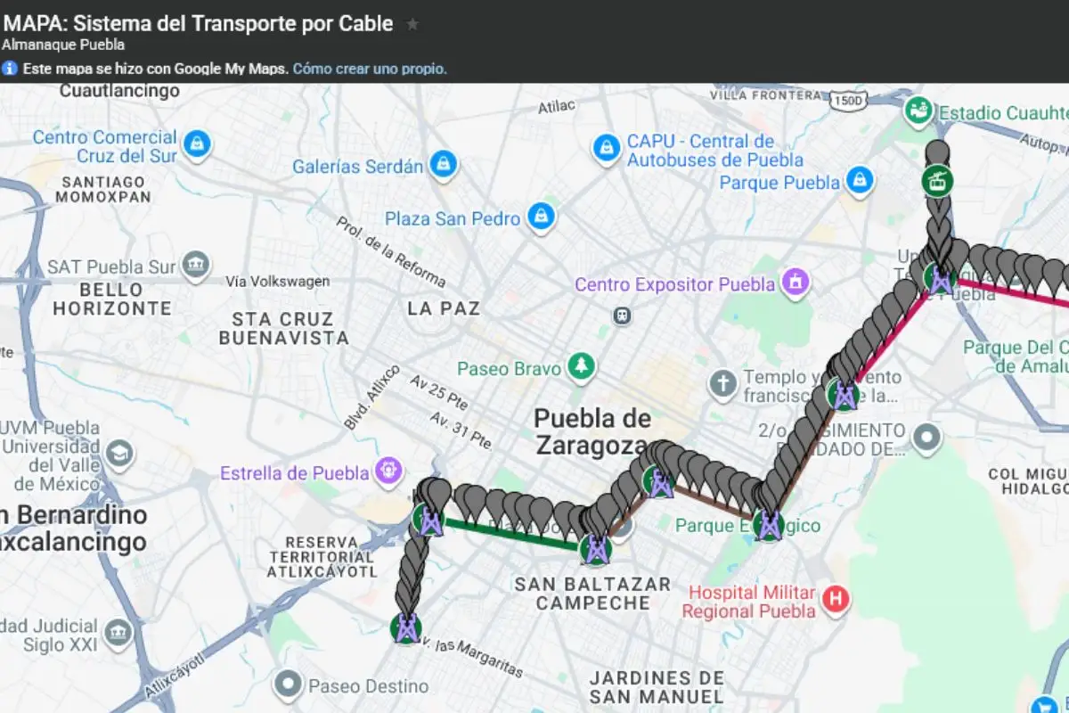 MAPA de las torres del Sistema de Transporte por Cable de Puebla