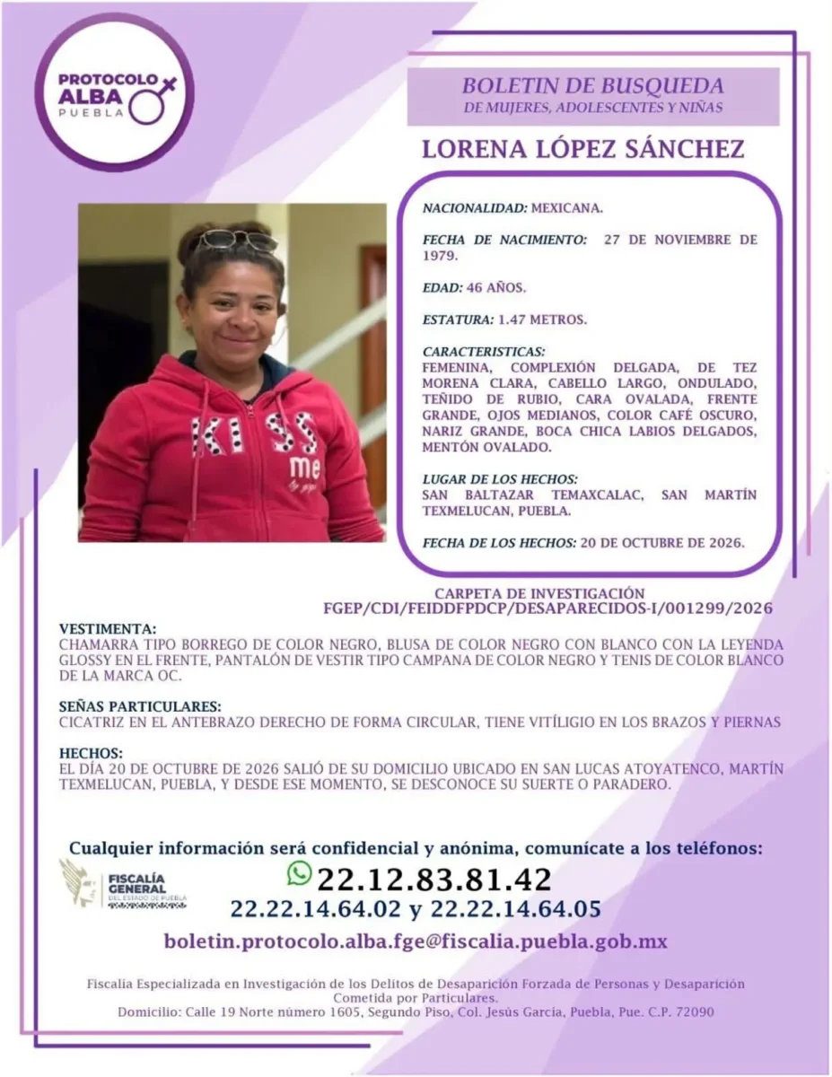 Lorena López Sánchez desapareció en San Martín Texmelucan