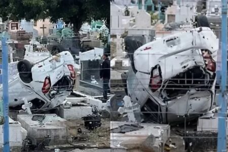 Auto vuelca dentro de un panteón en Tampico
