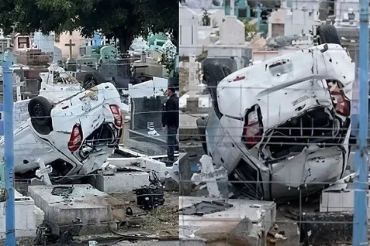 Auto vuelca dentro de un panteón en Tampico