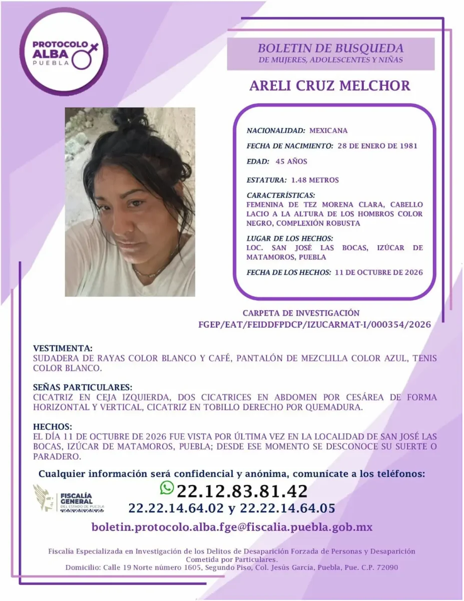 Buscan a Areli Cruz Melchor, desaparecida desde hace 10 días en Izúcar de Matamoros