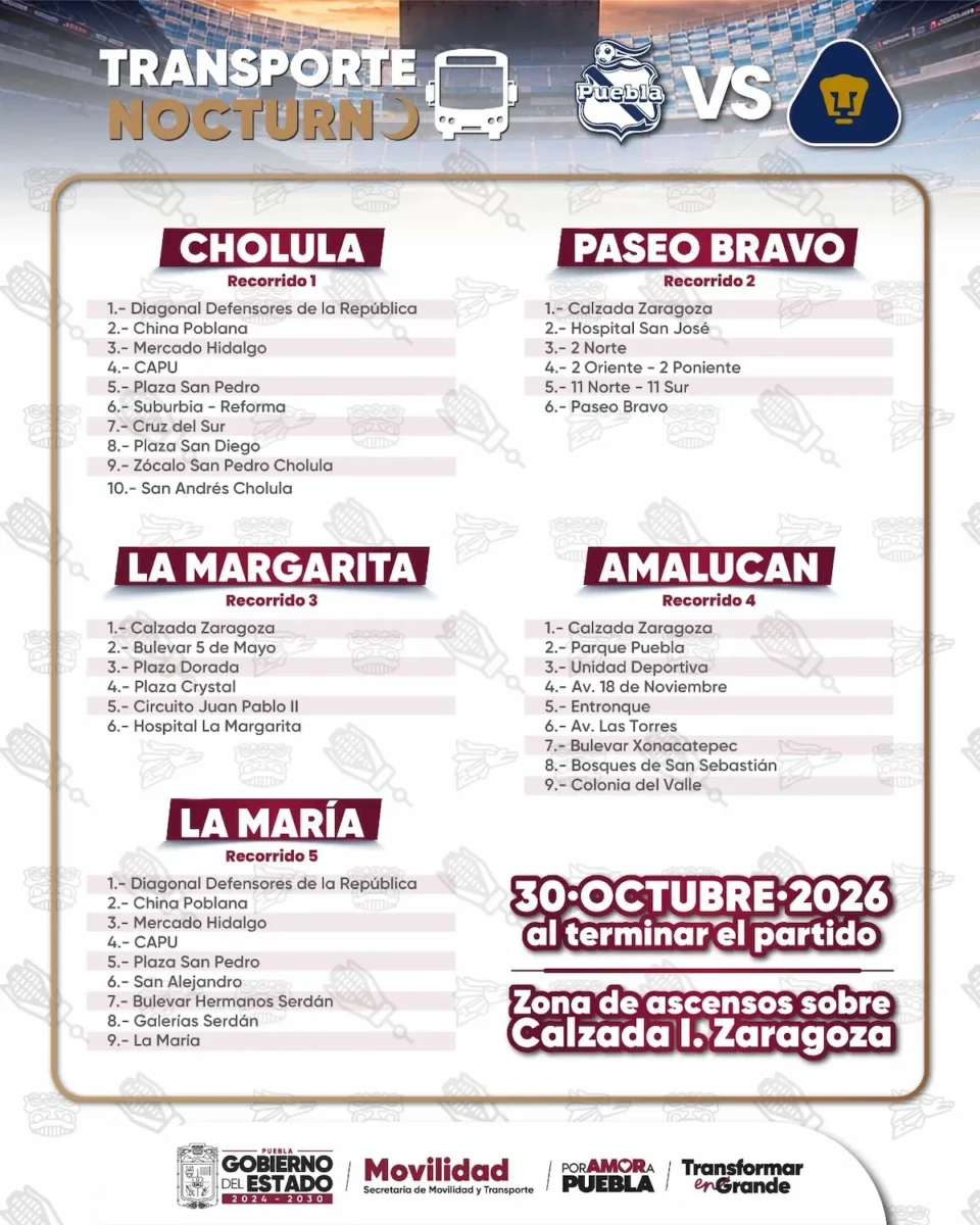 transporte nocturno al terminar el Puebla vs Pumas